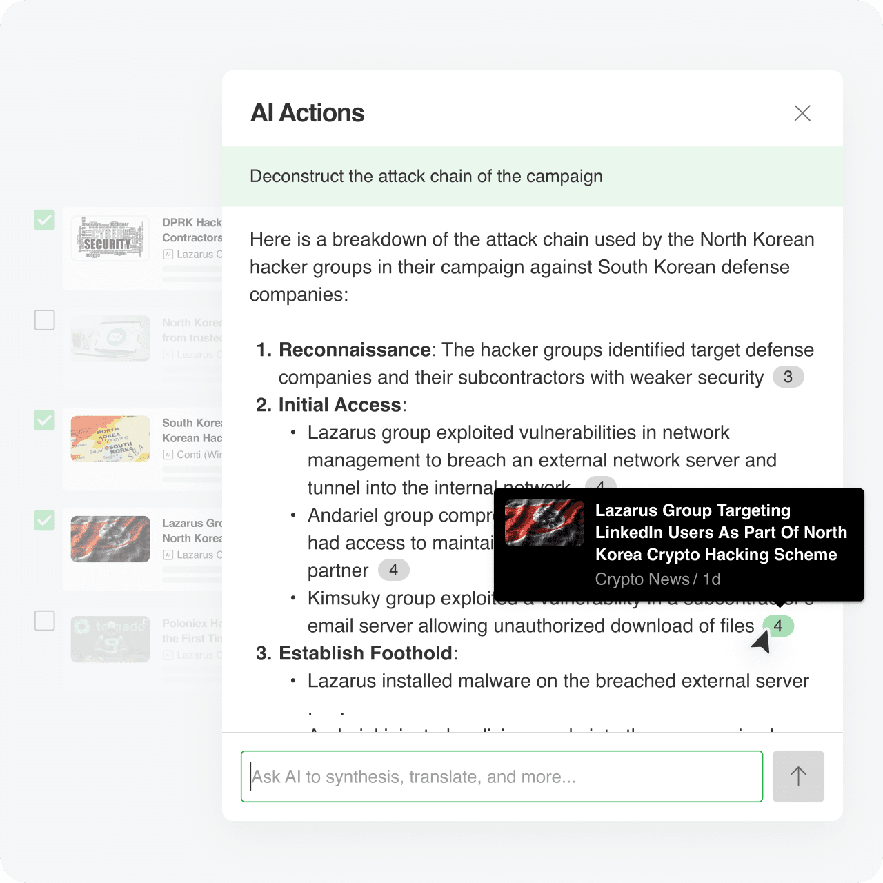 An article with an overlay titled “AI Actions” that says “deconstruct the attack chain of the campaign.” In the results, the AI action shows a step-by-step attack chain.