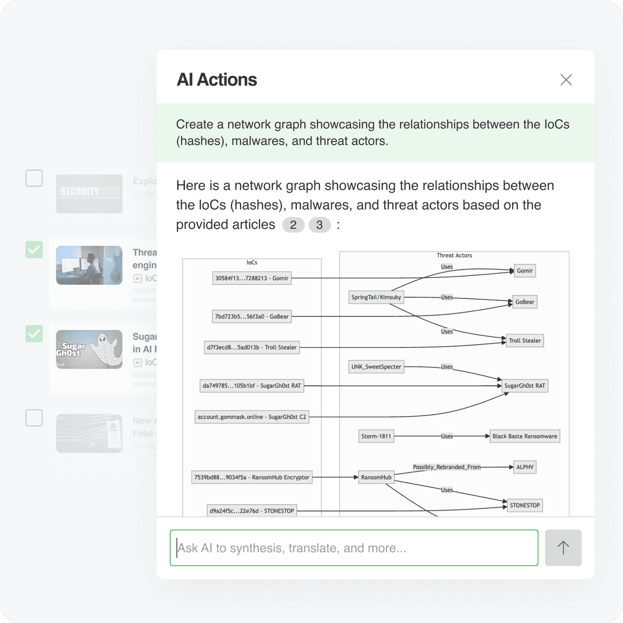 A list of articles with an overlay titled “AI Actions” that says "Create a network graph showcasing the relationships between the IoCs (hashes), malwares, and threat actors". In the results, the AI action shows a detailed network graph with the requested relationships.