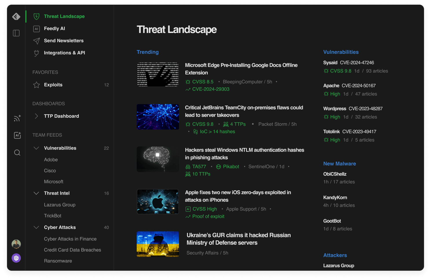 Various screenshots from the Feedly Threat Intelligence interface, showing the severity of a CVE, then a list of articles about the threat landscape, the logos of 4 integrations (Slack, MISP, XSoar, OpenCTI), and a graph showing the awareness level about a CVE.